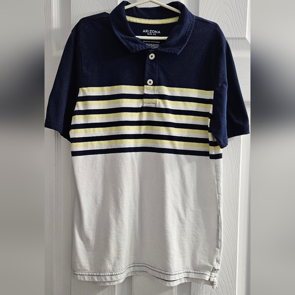 Arizona Jean Company Navy and Yellow Striped Polo